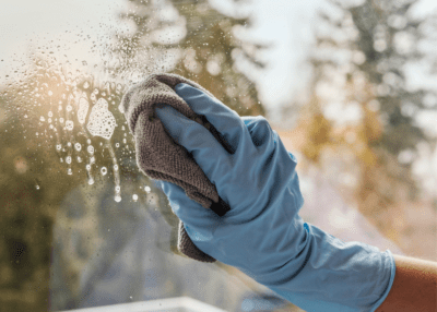 spring cleaning window with cleaning supplies